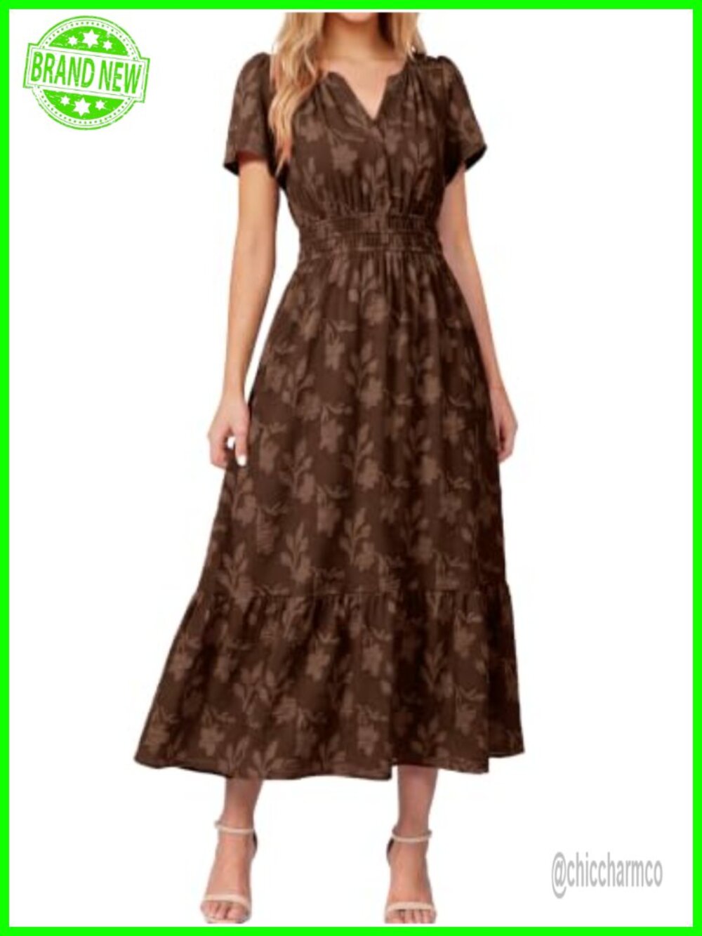 Womens Boho Maxi Dress V Neck Short Sleeve Empire Waist Semi Formal